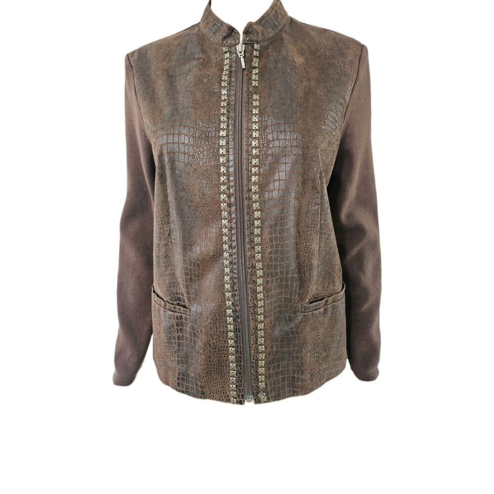 Tanjay Women's Brown Crocodile Pattern Full Zip Mock Neck Jacket Size S